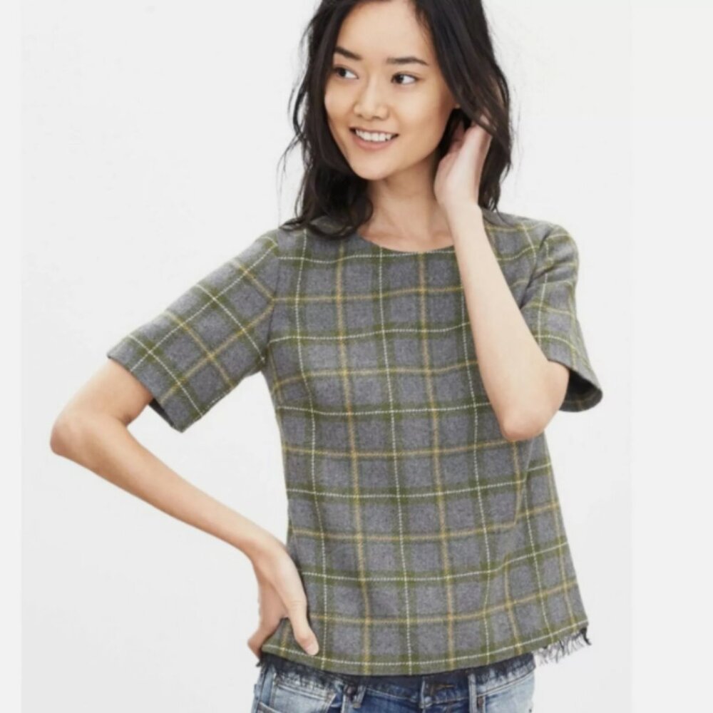 Banana Republic Wool Tweed Plaid Lace Trim Grey Green Short Sleeve Top